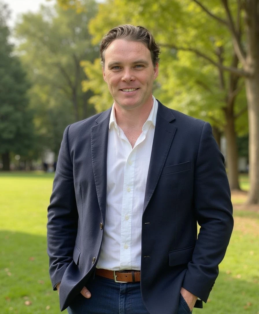 Jack Phillips, in a navy blazer and white shirt, standing outdoors under trees